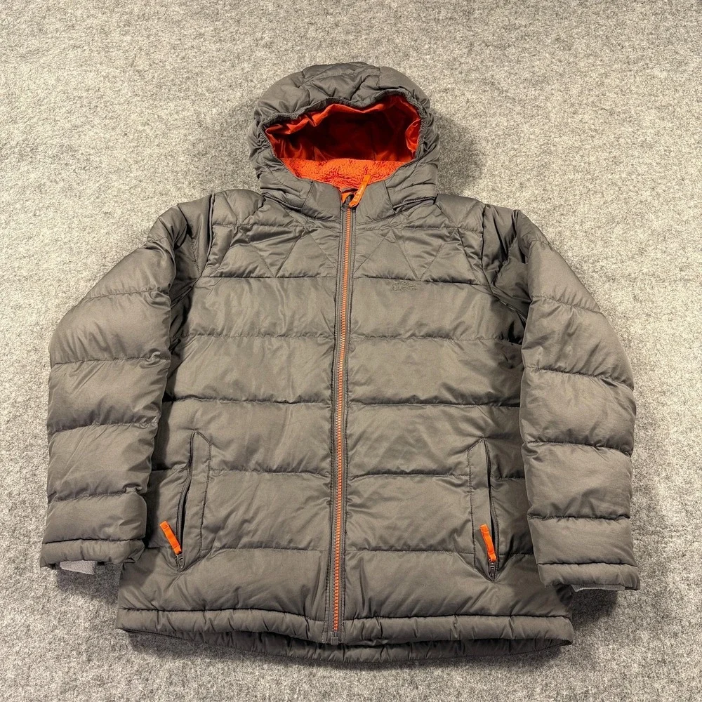 LL Bean Down Puffer Jacket Kids 14-16 Gray Hooded Fleece Lined Winter Coat